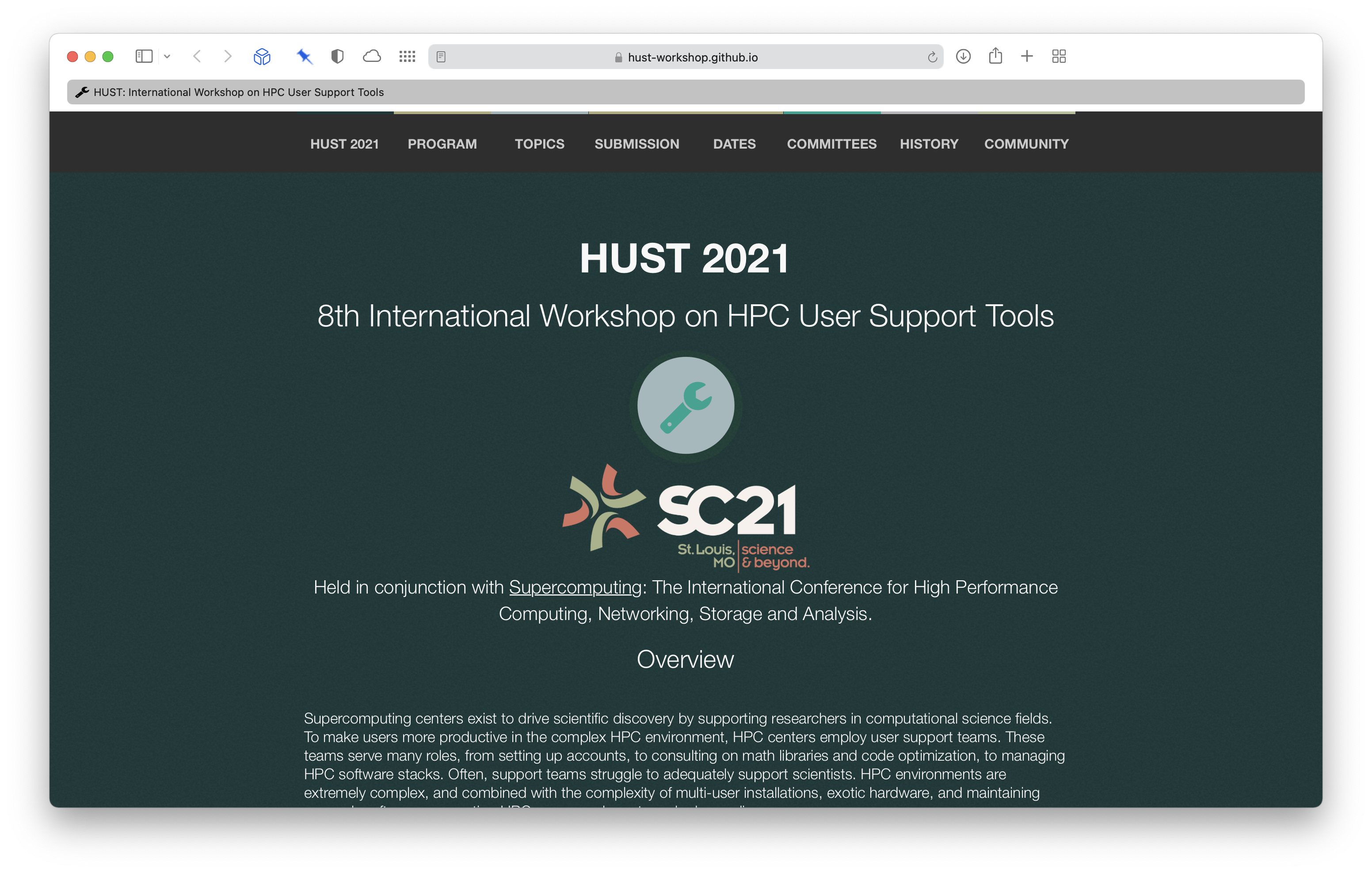 HUST workshop webpage screenshot