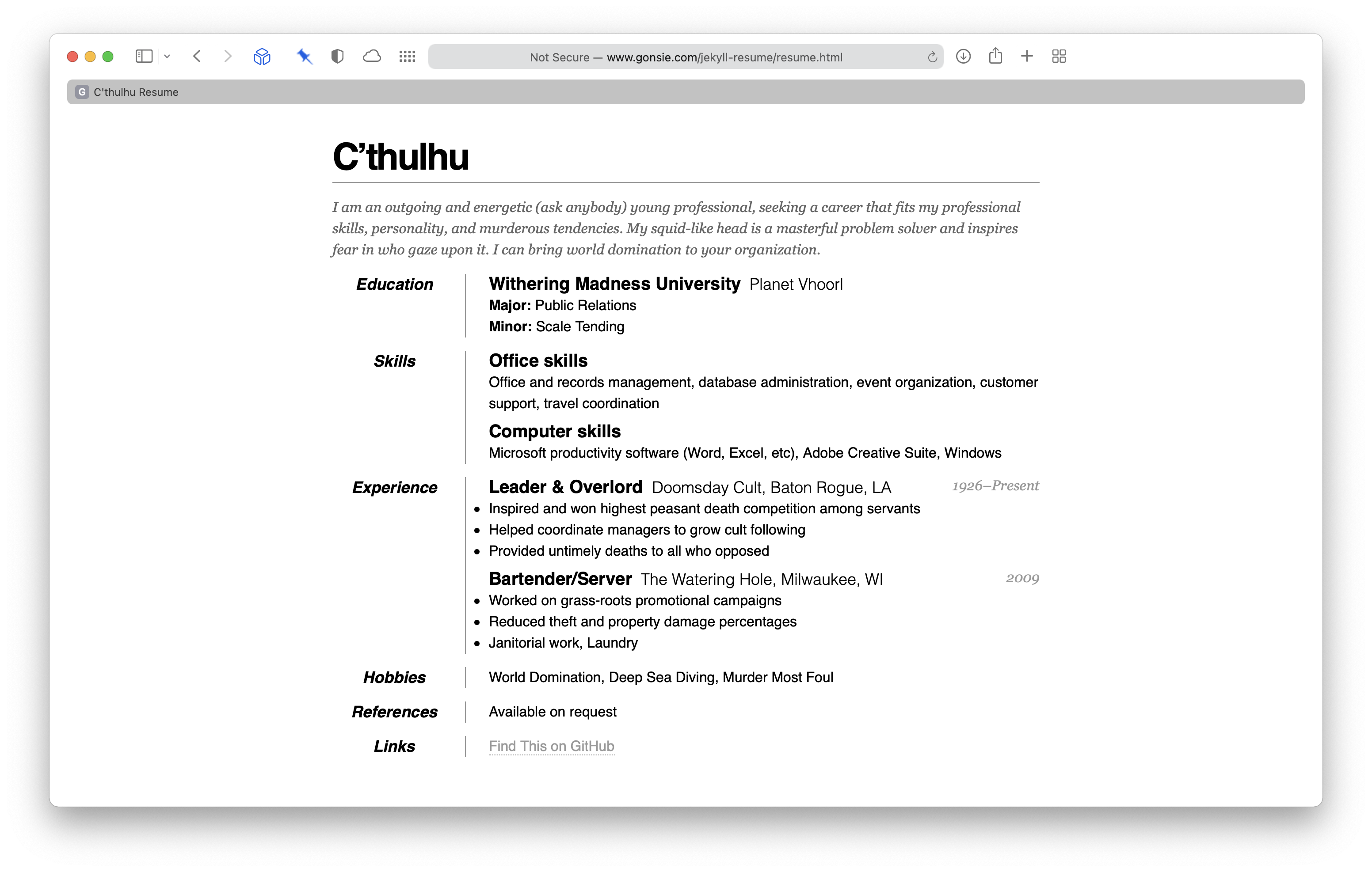 C'thulu Resume screenshot