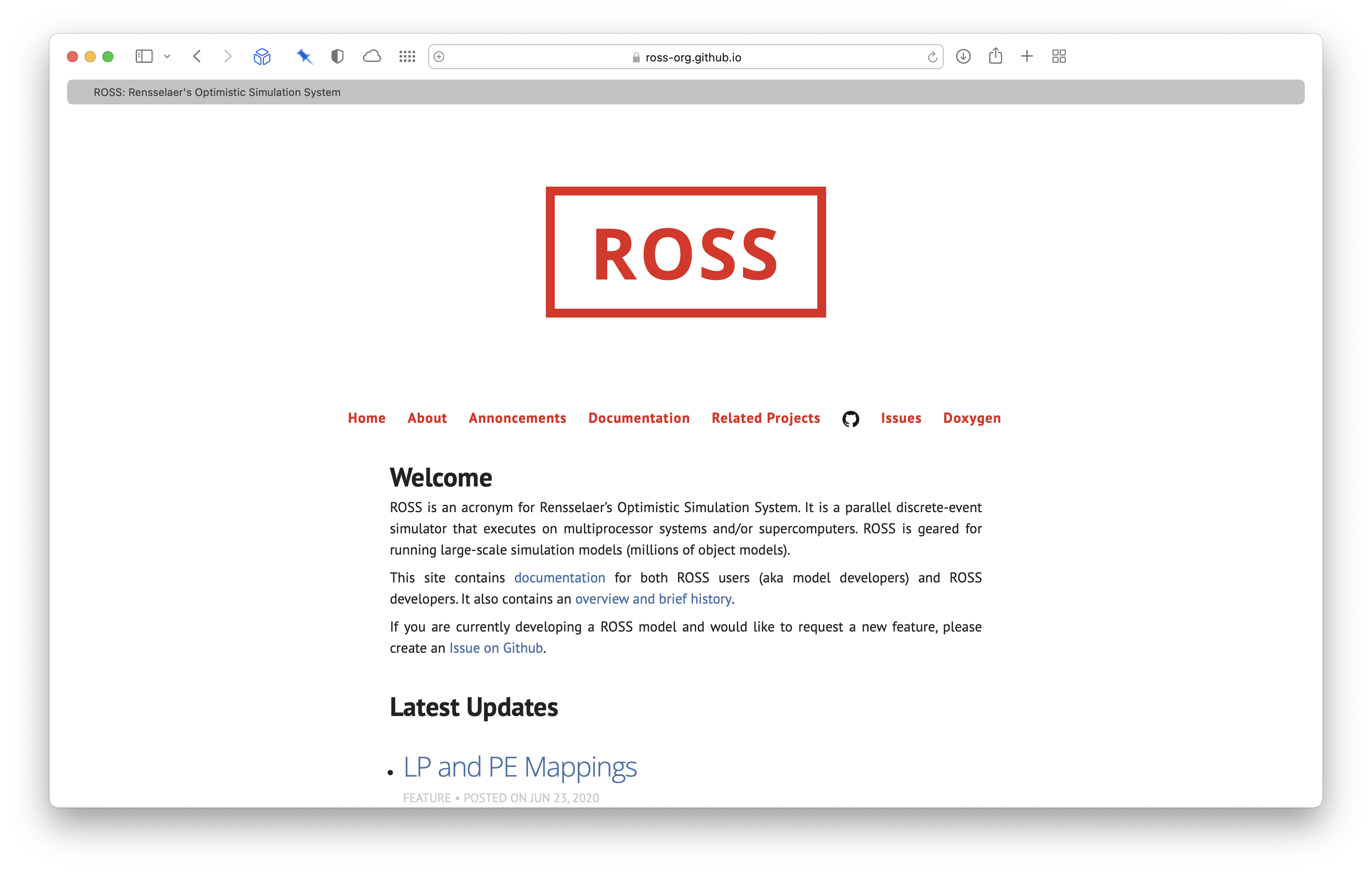 ROSS webpage screenshot