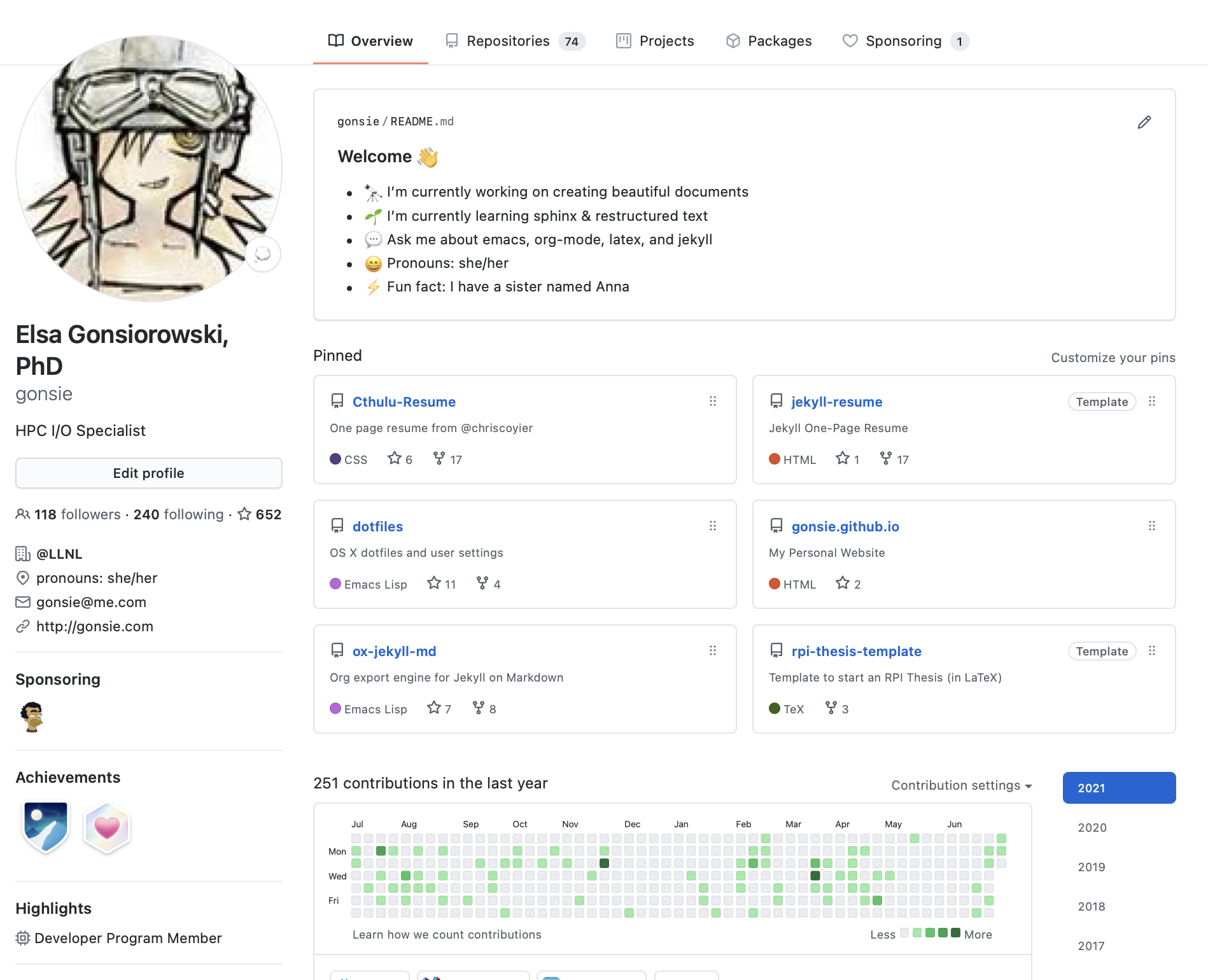 Screenshot of gonsie's profile on github.com